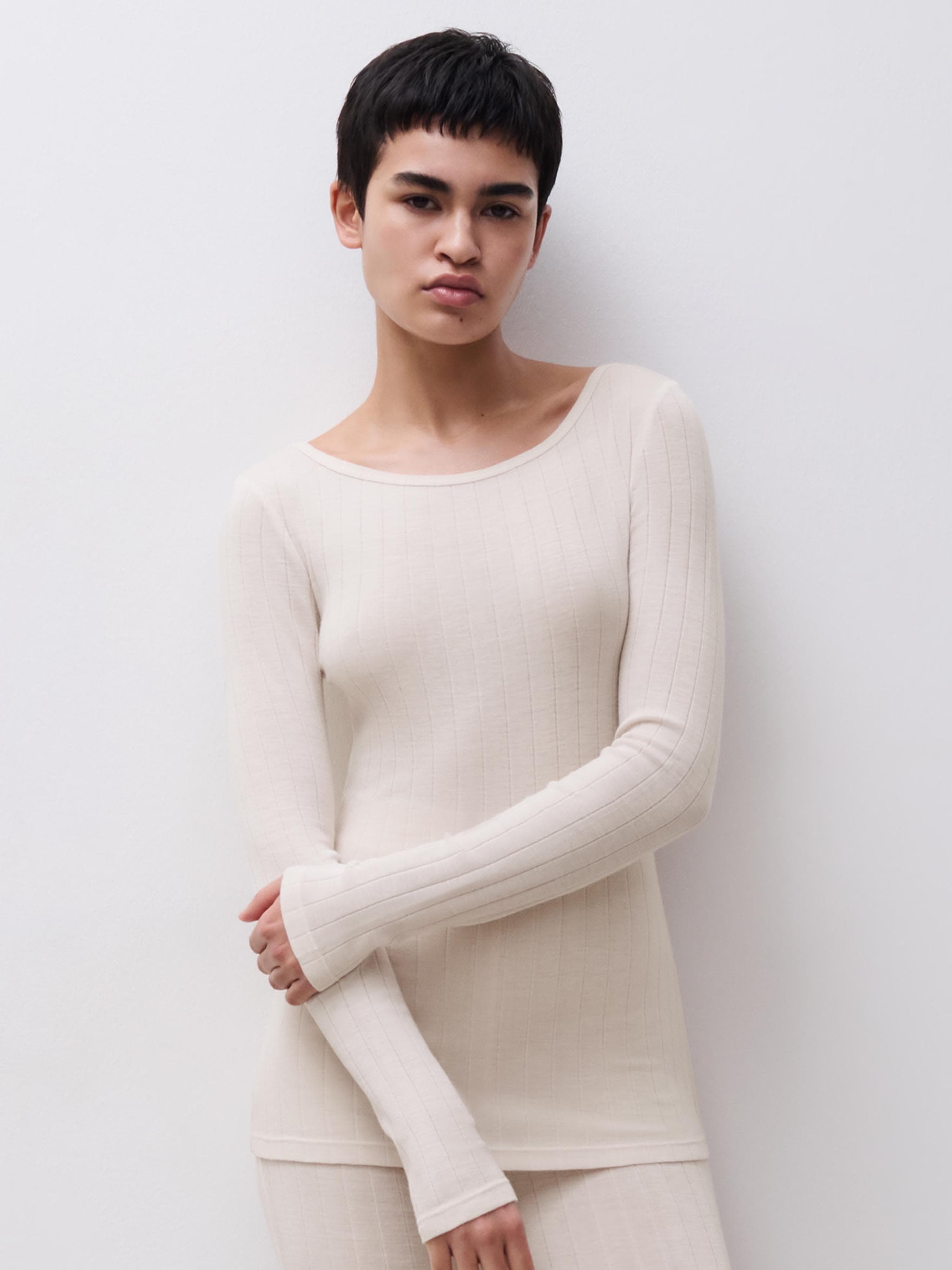 Langærmet undertrøje - merinould og silke - Talc