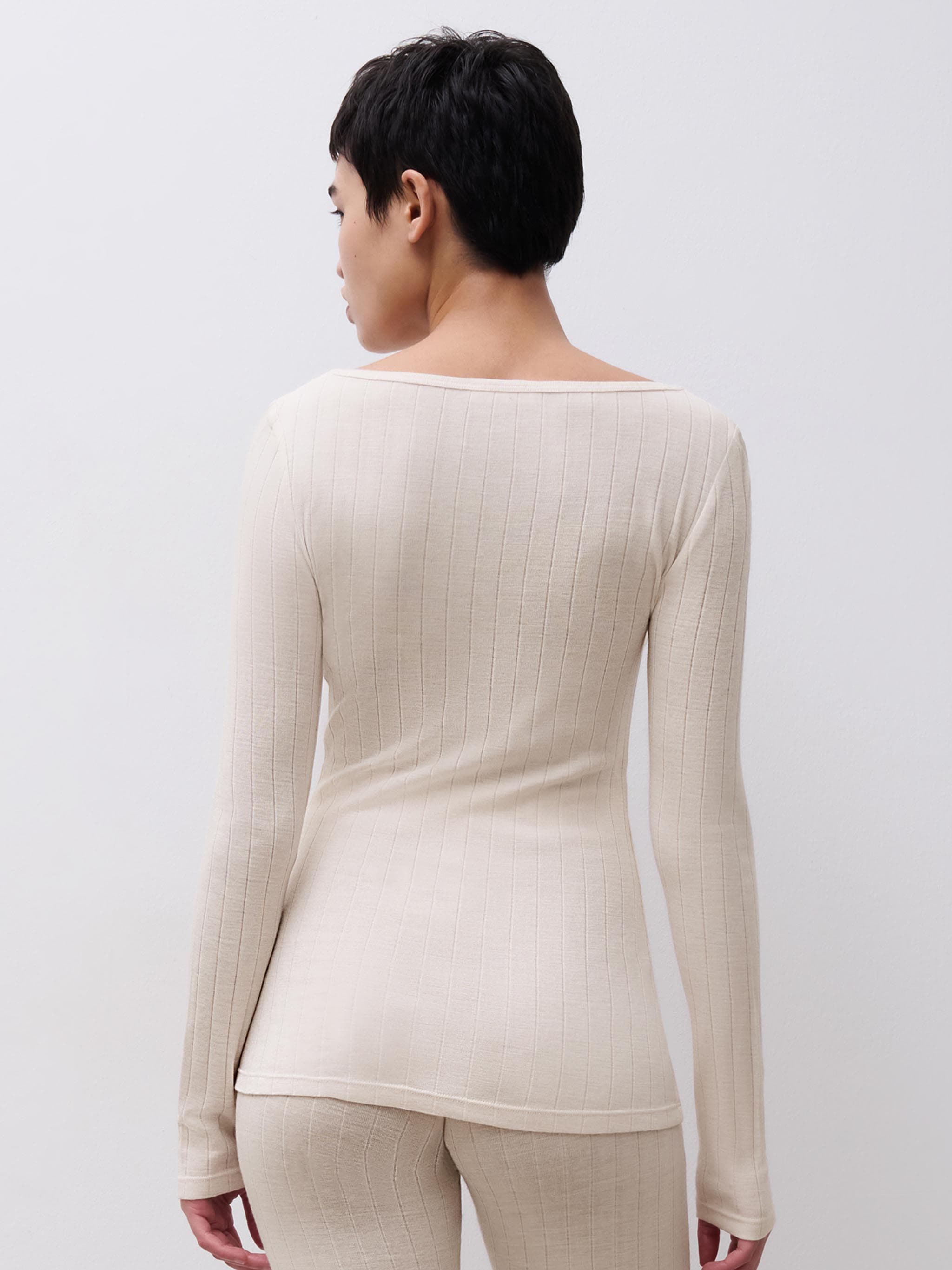 Langærmet undertrøje - merinould og silke - Talc