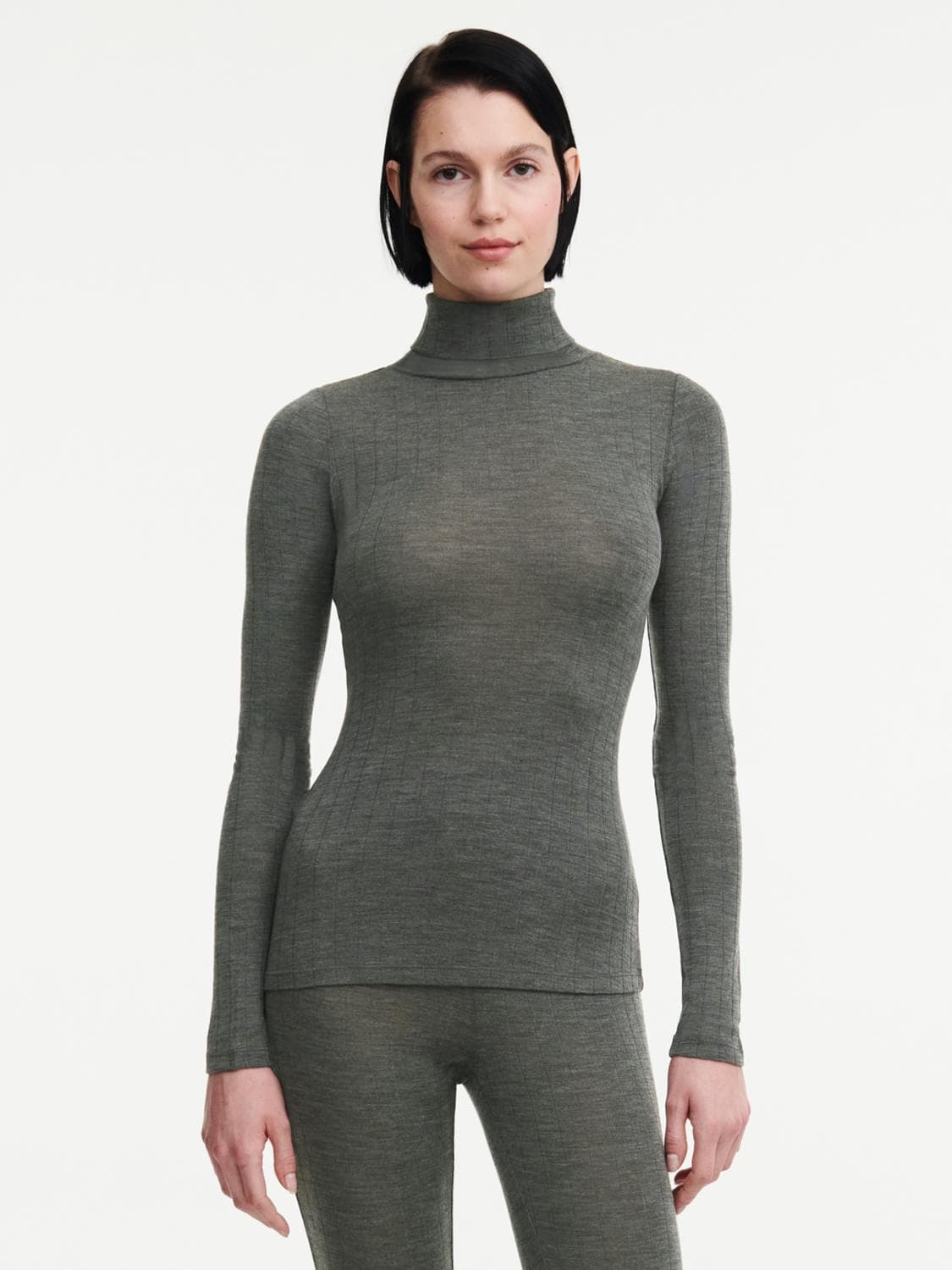 Rullekravebluse med langt ærme - merinould og silke - Slate Grey
