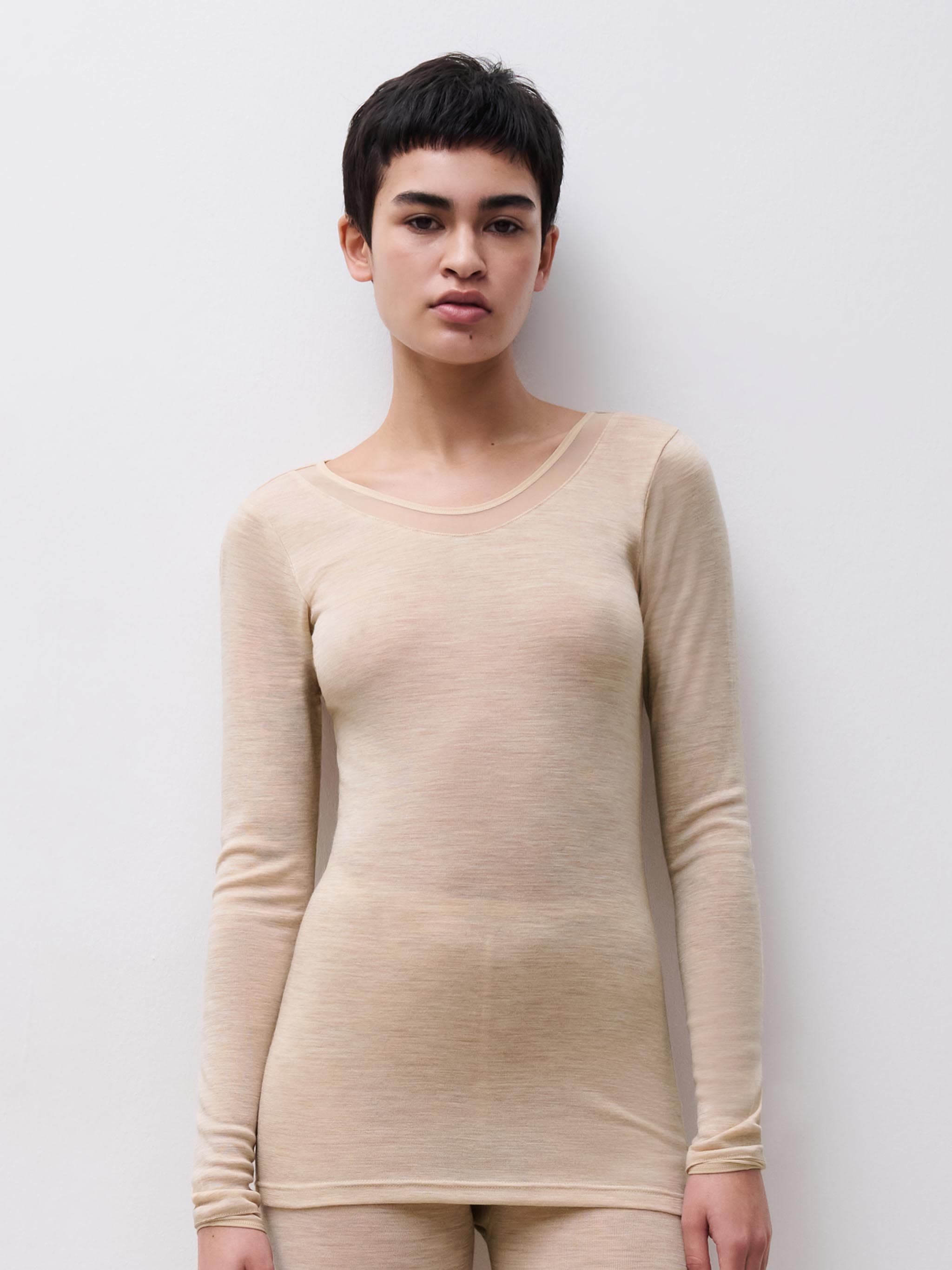 Langærmet undertrøje - 100% merinould - Heather nude
