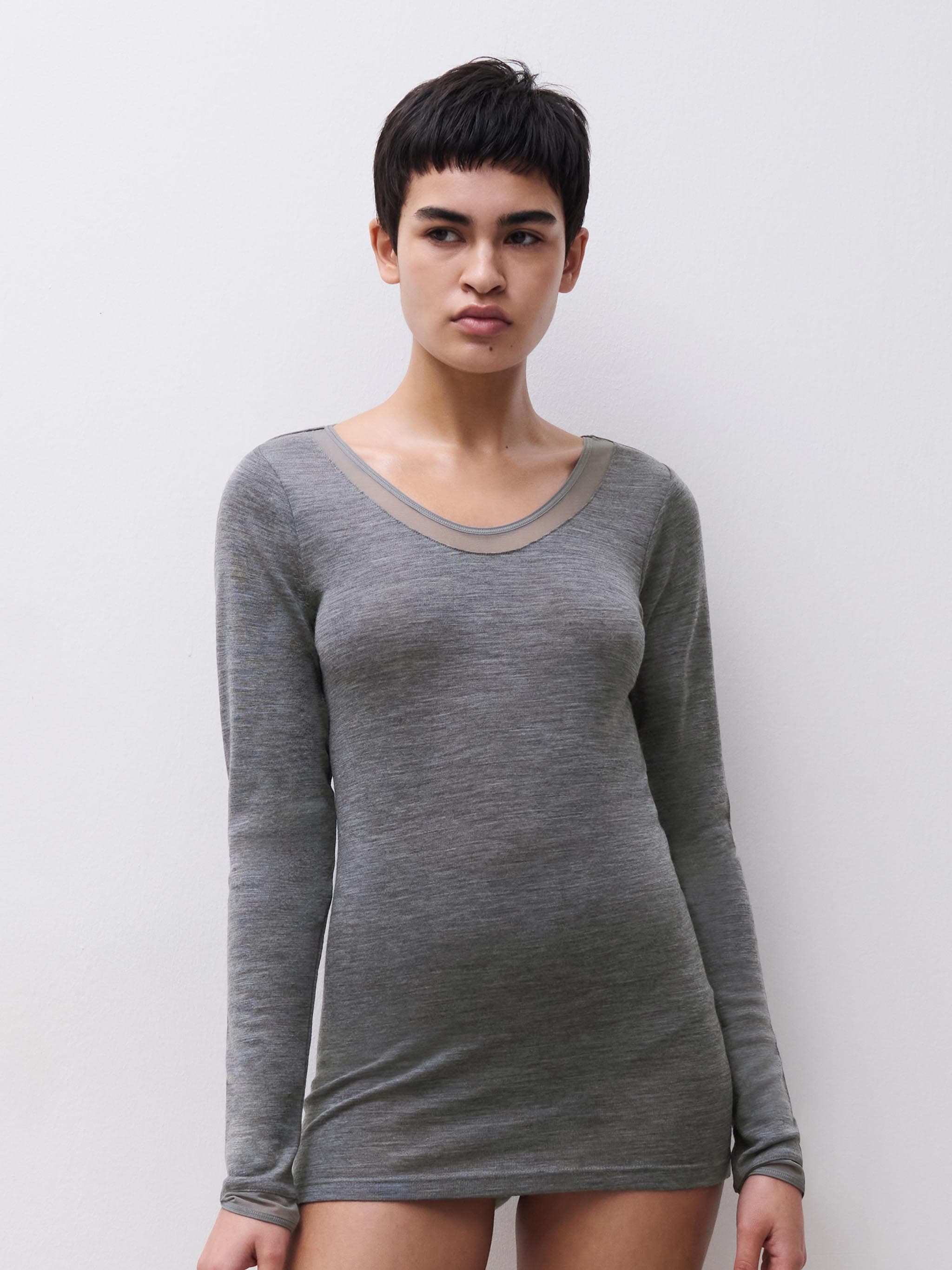 Langærmet undertrøje - 100% merinould - Heather grey