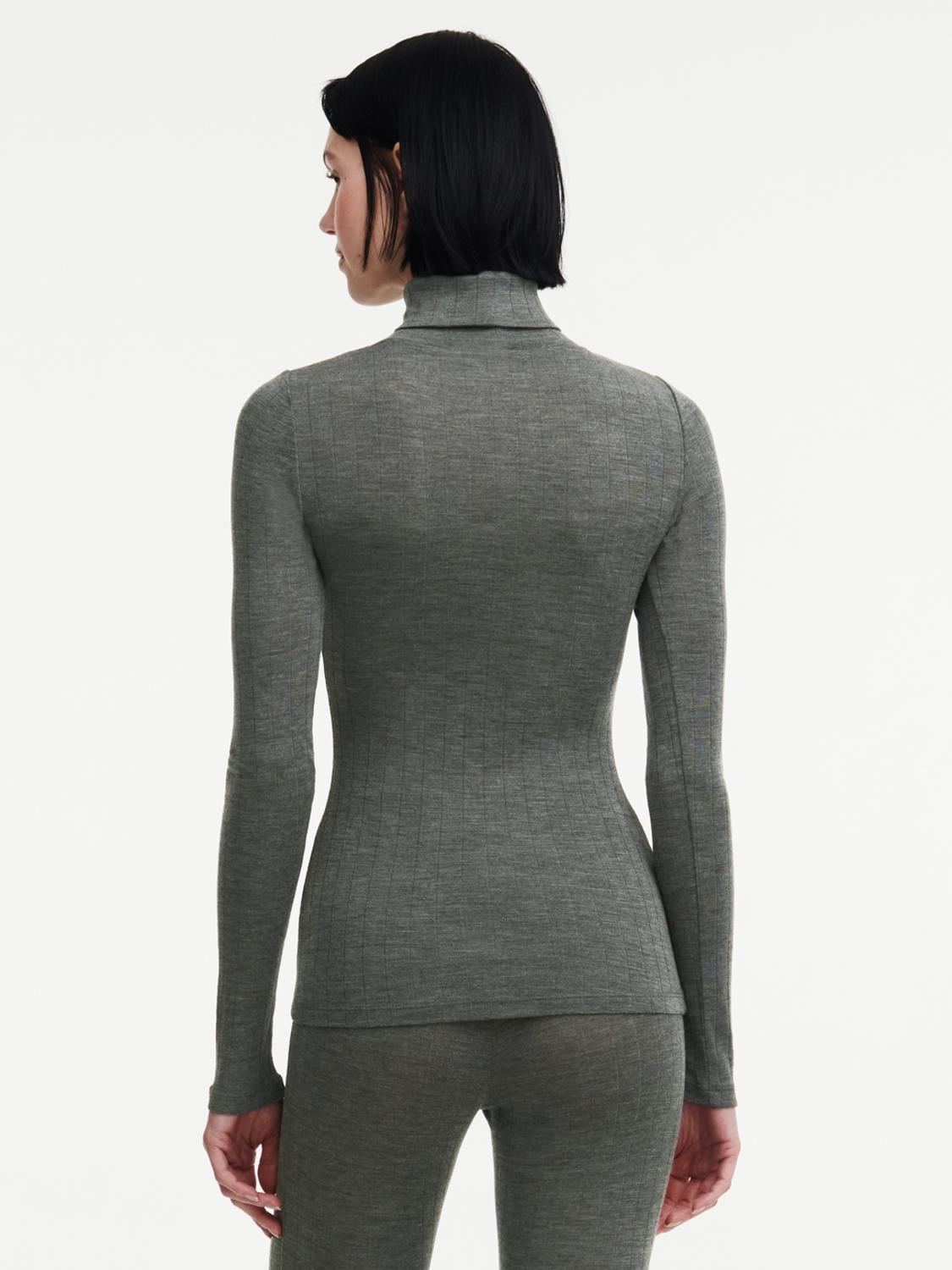 Rullekravebluse med langt ærme - merinould og silke - Slate Grey